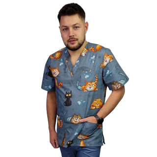 Bunter Herren Kasack mit Katzenmotiv „Crazy Cats“ – 100 % Baumwolle